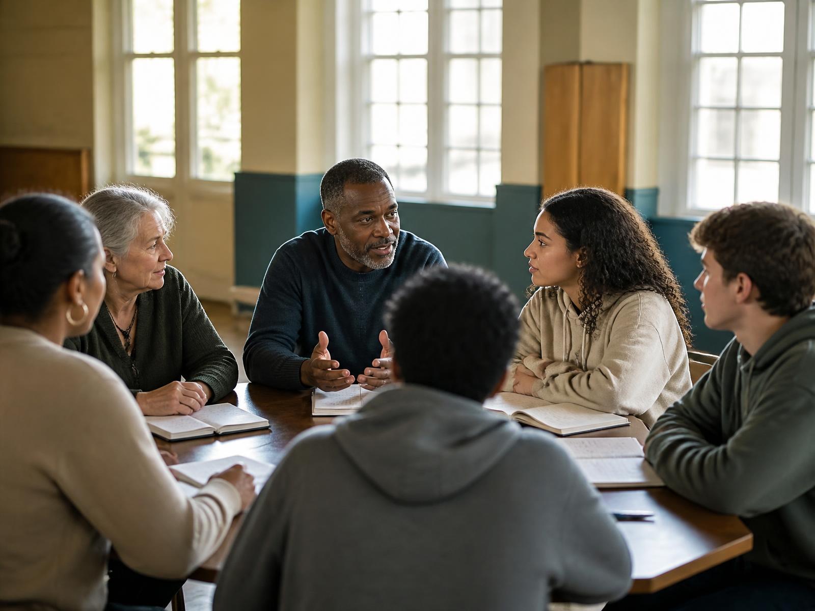 People of different ages seated together around a table, listening and talking in a community hall.