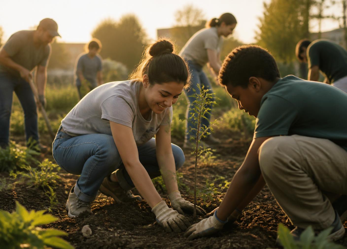Volunteers planting young saplings together in a community garden at golden hour.