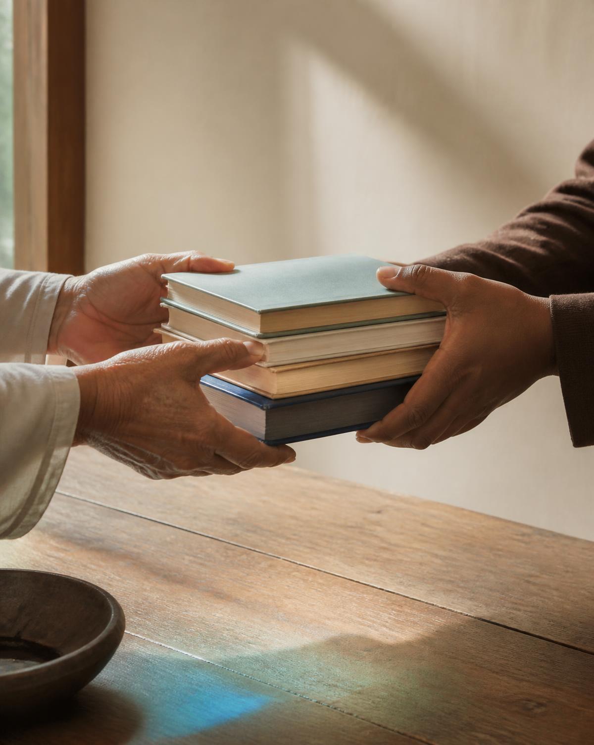 Two pairs of hands passing a small stack of books across a wooden table in warm daylight.
